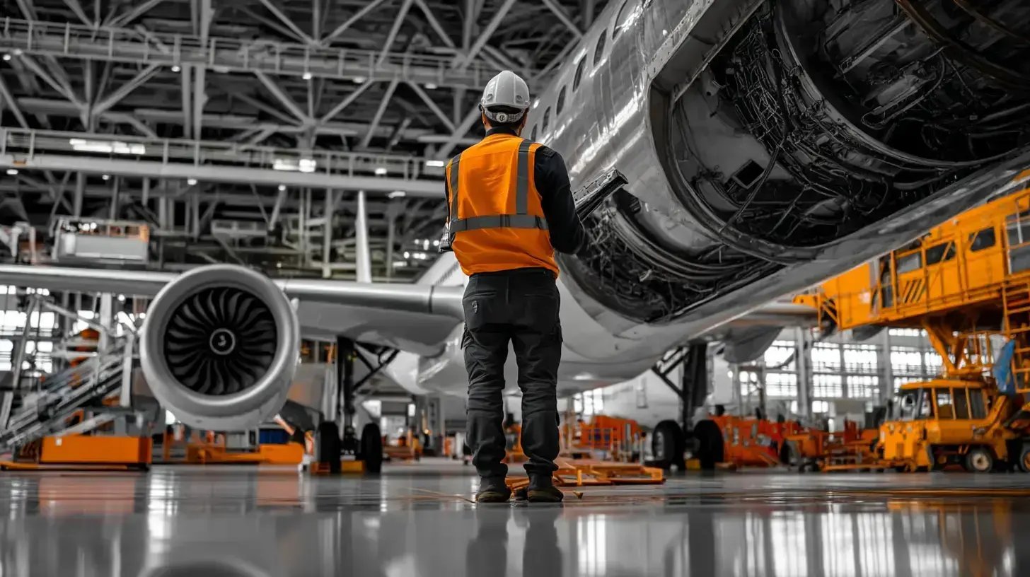 a person looking at an aircraft that in being constructed in a warehouse.